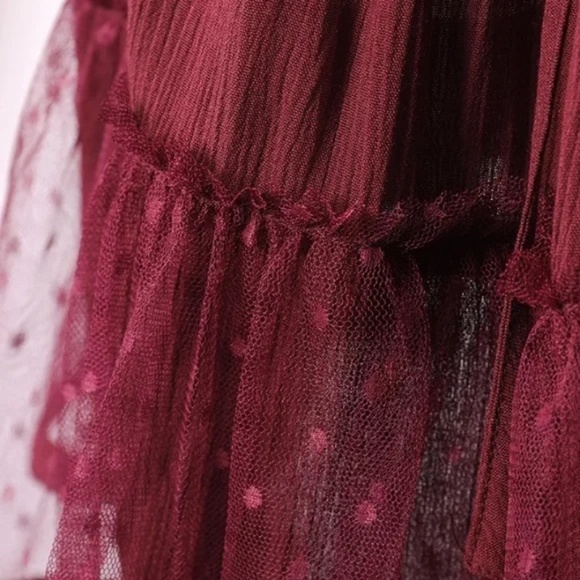 SOLD OUT Wine Swiss Dot Mesh Boho Halter Mini Dress - Picture 6 of 6